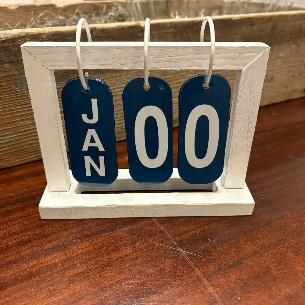 Farmhouse Wooden Perpetual Desk Calendar Flip Desktop Countertop Sign Blue White